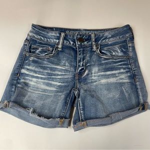 American Eagle Women’s 4 MIDI Jean Shortie Shorts Medium Wash Blue Stretch #0902